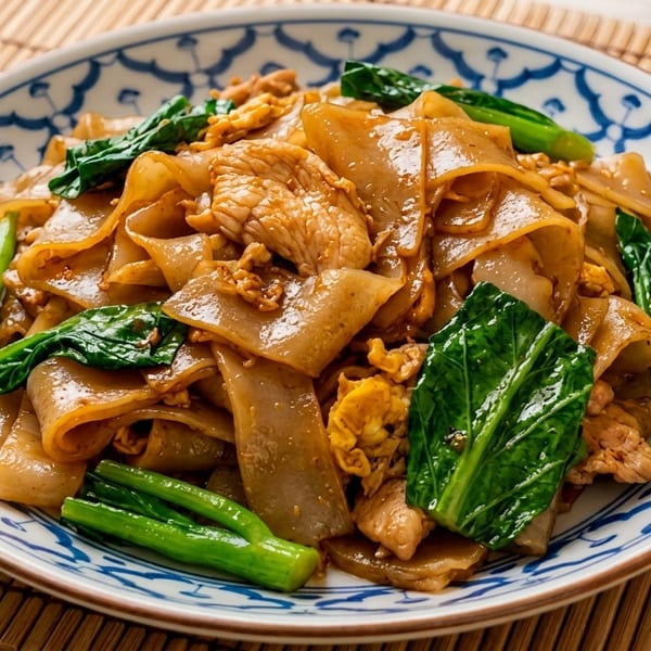 Pad See Ew with wide rice noodles, chicken, scrambled egg, and Chinese broccoli on a patterned plate.