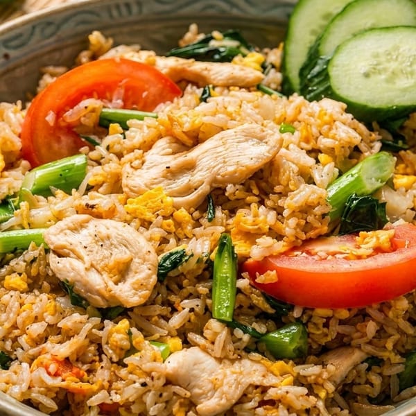 Chicken fried rice with scrambled egg, tomatoes, cucumbers, and green vegetables in a bowl.
