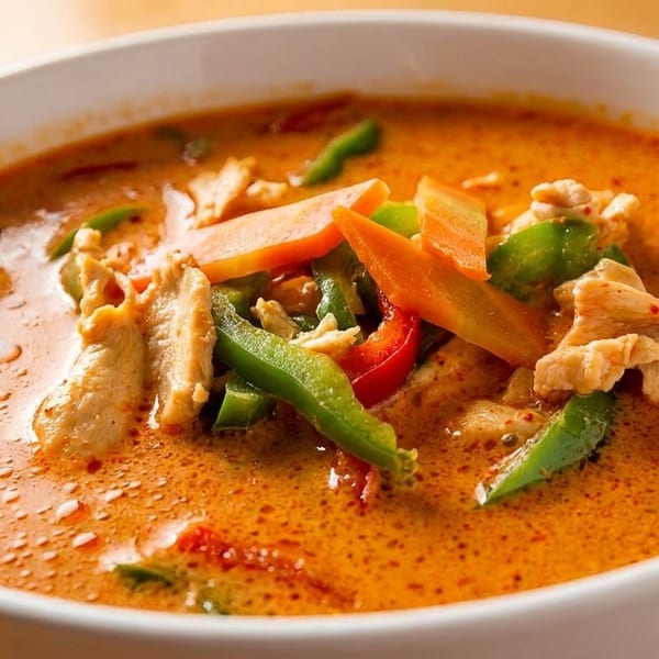 Close-up of a white bowl filled with vibrant red curry, chicken, and colorful vegetables.