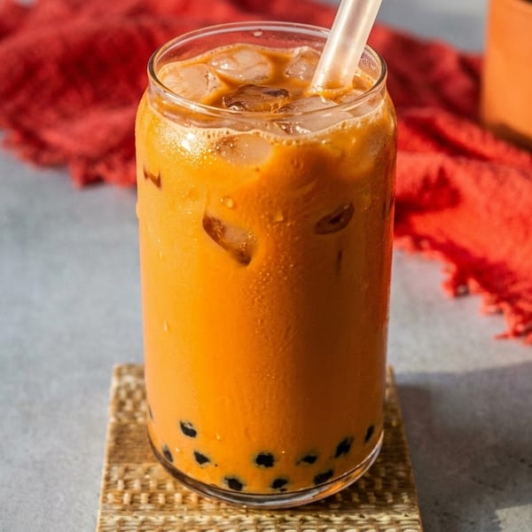 Iced Thai tea with boba pearls and a straw, on a woven coaster with a red cloth.