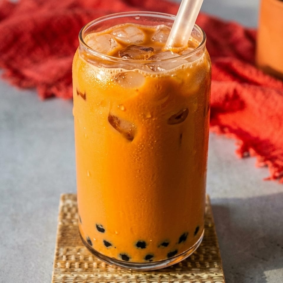 Iced Thai tea with boba pearls and a straw, on a woven coaster with a red cloth.