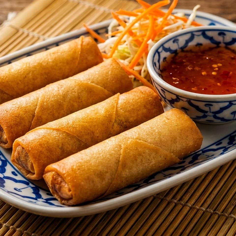 Four golden-brown spring rolls on a blue and white plate with sweet chili sauce and shredded vegetables.