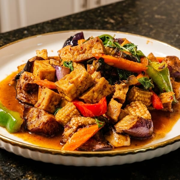 A white plate with golden-brown tofu, eggplant, baby corn, and bell peppers in a savory sauce.
