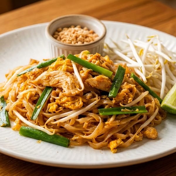 Chicken Pad Thai with bean sprouts, green onions, peanuts, and a lime wedge on a white plate.
