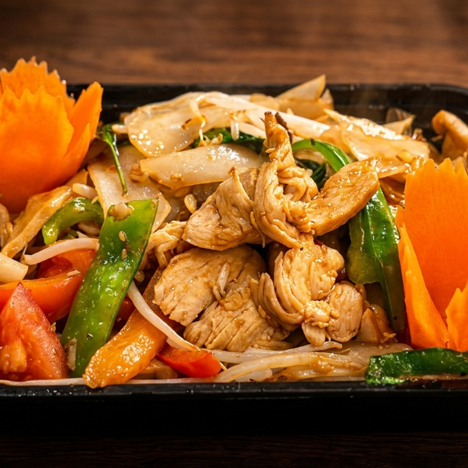 Close-up of a chicken stir-fry with noodles, vegetables, and decorative carrot garnishes in a black container.